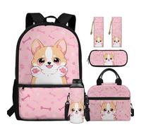 chaqlin Corgi Backpack Set for Boys School Bags with Insulated Lunch Bags Water Bottle Carrier Bookmark with Pen Holder 5 Pcs Back to School Bookbags Rucksack Set for Primary Elementary