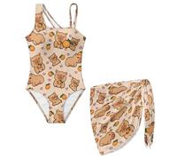 chaqlin Cute Capybara Girls One Piece Swimsuit with Cover Up, Swimming Costume for Girls One Shoulder Ruffle Swimsuit Bathing Suit for 7-8 Years