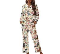 chaqlin Cute Dachshund Flower Pyjamas Pajamas Set for Women's,2 Pieces Fall Winter Sleepwear Set Casual Long Sleeve Homewear Loungewear Pjs Set Button Down Loose Nightwear,Size XL