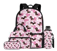 chaqlin Dachshund School Bags Set with Lunch Box Pencil Case Set for Girls School Backpack School Bookbags Set Insulated Lunchbags Pen Pouch Water Bottle Carrier for Kids, 4 Pcs Set