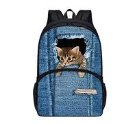 chaqlin Denim Cat Backpack for Kids Children,Funny Animal Cat Schoolbags Large Bookbags for School Boys Girls Cute Travel Rucksack Casual Daypack Laptop Bagpack with Front Pocket