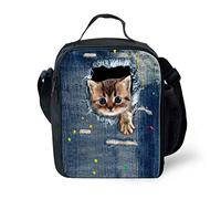 chaqlin Denim Cat Kids Lunch Bag Insulated Lunch Bags Cute Thermos Lunch Tote Bag with Shoulder Strap for Girls Women