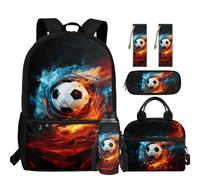 chaqlin Football Backpack School Bags Set with Lunch Box and Pencil Case 5 Piece Rucksack for Boys Bookbags Back to School Rucksack Bookmark Water Bottle Carrier for 4th Grade Student