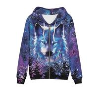 chaqlin Galaxy Night Wolf Hoodies Sweatshirt for Womens Men Casual Oversized Jacket Animal Wolf Print Full-Zip Hooded Sweaters Women Plus Size Pullover Tops Sport Coats