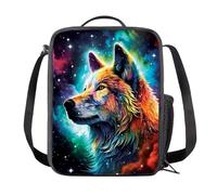 chaqlin Galaxy Night Wolf School Lunch Box for Kids Boys Food Container Thermal Lunch Box for Teens Adult Daily Lunchbags with Handle Bottle Pocket Animal Wolf Lunchbags for School