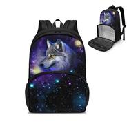 chaqlin Galaxy Wolf School Backpack For Kids Children School Bags Animal Wolf Laptop Lunch Backpack with Lunch Box Compartment 17 Inch Insulated Cooler Bag Lunch Box Women Work Bags