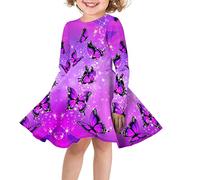 chaqlin Girls' Long-Sleeve Dress with Crystal Butterflies Print Round Neck Dancing Gymnastic Dresse Kids Stretchy Twirly Tunic Dancing Dress A-Line Flared Dresses,for Age 7-8 Years