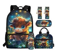 chaqlin Highland Cow Backpack for School Boys School Bags Set Lunch Box and Pencil Case Water Bottle Carrier Bookmark 5 Pack Kids School Bookbags Set Casual Rucksack for Primary Elementary