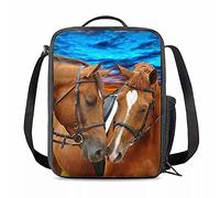 chaqlin Kids Children Insulated Lunch Bags,Animal Brown Horse Printed Mini Crossbody Lunchbox,Ladies Girls Outdoor Picnic Dinner Food Container with Shoulder Straps and Water Bottle Holders