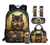 chaqlin Kids School Bag for Girls Wolf Lunch Bag Large Pencil Case with Compartments Water Bottle Carrier Bookmark 5 Piece Backpack Set Schoolbags for Primary Elementary