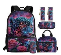 chaqlin Leopard Backpack for Boys School Bags Set - Large Bookbags Set with Insulated Lunch Box - Back to School Pencil Holder - Leather Bookmark Water Bottle Carrier Rucksack for 8-15 Years