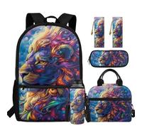 chaqlin Lion Rucksack School Bags Set with Lunch Box and Pencil Case 5 Piece Backpack for Boys Bookbags Back to School Rucksack Bookmark Water Bottle Carrier for 4th Grade Student