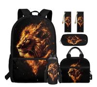 chaqlin Lion School Bags Set Back to School Backpack with Insulated Lunch Box Pencil Holder Water Bottle Carrier Bookmark for Boys 8-15 Year School Bookbags Set for 5th Grade Student