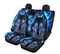 chaqlin Neon Blue Wolf Car Seat Covers + Backrest Cover Rear Seat Cover Complete Set with 4 Pieces Cute Sloth Car Accessories Universal Fit, Neon Wolf