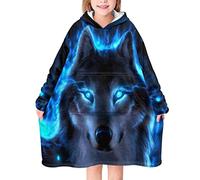 chaqlin Neon Blue Wolf Kids Hoodie Blanket with Pockets,Blanket Sweatshirt Hoodie Girls Wearable Blanket Hoodie Oversized Hooded Sweater Flannel Dressing Gown One Size for Boys Girls11