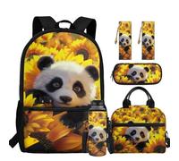 chaqlin Panda Backpack for Girls School Bags Set with Lunch Bags Pencil Case Water Bottle Carrier Leather Bookmark 5 Pcs Girls Back to School Bookbags Set for Primary Elementary