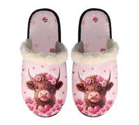 Chaqlin Pink Highland Cow Print Slippers for Women - Indoor House Shoes, Valentine's Day & Winter Warm Shoes, Lightweight Fuzzy Home Slippers