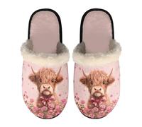 chaqlin Rose Highland Cow Print Cotton Slippers for Women Indoor House Shoes Winter Warm Shoes Lightweight Fuzzy Home Shoes Valentine's Day House Slippers
