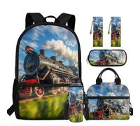 chaqlin Schoolbags Set for Boys Train Backpack with Insulated Lunchbags Pencil Case Water Bottle Carrier Book Cover Set 5 Pcs Backpack School Bags Large Rucksack with Padded Strap