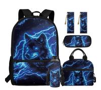 chaqlin Schoolbags Set for Boys Wolf Backpack with Insulated Lunchbags Pencil Case Water Bottle Carrier Book Cover Set 5 Pcs Backpack School Bags Large Rucksack with Padded Strap