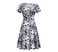 chaqlin Short Sleeve Dresse for Women Ladies Cocktail Party A Line Midi Skirt Ladies Working Elegant Round Neck Dresses Sugar Skull Floral Pattern Plus Size L