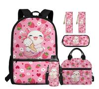 chaqlin Strawberry School Bags with Lunch Box Pencil Case for Girls Axolotl Backpack Back to School Rusksack Water Bottle Carrier Bookmark 5 Pcs Bookbags Set for 4th Grade Student