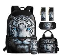 chaqlin Tiger Schoolbags Set for Boys Backpack with Insulated Lunchbags Pencil Case Water Bottle Carrier Bookmark 5 Pcs Backpack Set School Bags Large Rucksack with Padded Strap
