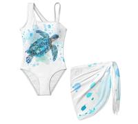 chaqlin Turtle Bathing Suits for Teens Swimming Costume One Piece Swimsuit Girls Swimsuits Size 15-16 Years One Shoulder Ruffle Swimwear with Cover Up