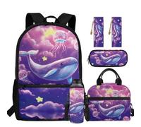 chaqlin Whale Backpack for Girls School Bags Set - Large Bookbags Set with Insulated Lunch Box - Back to School Pencil Holder - Leather Bookmark Water Bottle Carrier Rucksack for 8-15 Years Girls