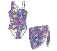 chaqlin Whale Bathing Suits for Teens Swimming Costume One Piece Swimsuit Girls Swimsuits Size 7-8 Years One Shoulder Ruffle Swimwear with Cover Up