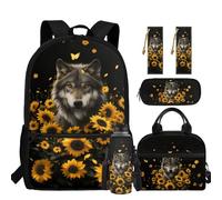 chaqlin Wolf Backpack for Boys School Bags with Lunch Box Pencil Holder Bookmark Water Bottle Carrier 5 Piece Boys Bookbags Set Large Capacity Rucksack Kids Casual Daypack for 6th Grade Student