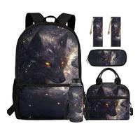 chaqlin Wolf Backpack for Kids School Bags Set with Lunch Bags Pencil Case 5 Pcs Bookbags Set Strawberry Rucksacks Back to School Water Bottle Carrier Leather Bookmark for 8-15 Years Boys