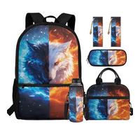 chaqlin Wolf Backpack for School Bag 5 Piece Insulated Lunch Bag Boys Water Bottle Carrier Bookmark Large Capacity Pencil Case Back to School Rucksack for 5th Grade Student