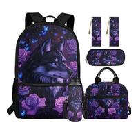 chaqlin Wolf Backpack for School Boys School Bags Set Lunch Box and Pencil Case Water Bottle Carrier Bookmark 5 Pack Kids School Bookbags Set Casual Rucksack for Primary Elementary