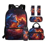 chaqlin Wolf Backpack Set for Boys School Bags with Lunch Box Pencil Case Water Bottle Carrier Bookmark Set of 5 Pcs Kids Bookbags Back to School Backpack for Primary Elementary Student
