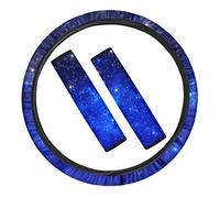 chaqlin Women Ladies Funky Car Steering Wheel Cover Safety Seat Belt Pads 3 Pieces Set with Adjustable Blue Galaxy Space Print Stretch-on Fabric Covers Car Interior Acceesories