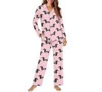 chaqlin Women Pajamas Set Pink Lovely Dachshund Pet Dog Sleepwear Long Pants Two Pieces Womens Button Down Pyjamas Loungewear Set Valentine's Gifts Ladies Pjs Set,Size S