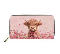 chaqlin Women PU Leather Wallet Pink Highland Cow Print Zipper Around Clutch for Ladies Girls Money Clip Purse Party Handbag Slim Clutch Bag Organizer