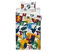 Character World Harry Potter Duvet Cover | Officially Licensed Reversible Two Sided House Badge Stickers Design with Matching Pillowcase, Polyester, Grey (Single)