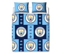Character World Manchester City FC Double Duvet Cover Set - Official Reversible Bedding - Polycotton Man City Crest Emblem Design - Perfect for Cityzens