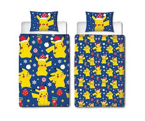 Character World Pokemon Official Single Duvet Cover Set, Xmas Fun Pikachu Design | Reversible 2 Sided Bedding Cover Official Merchandise Including Matching Pillow Case | Christmas Single Bed Set