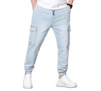 CHARBONNIER ELEVATE YOUR STYLE Men’s Denim Cargo Trousers, Elasticated Waist with Drawstring, Cuffed Hem, 6 Pockets, Stretch Denim, Mid Waist (UK, Alpha, S, Regular, Regular, Light Wash)