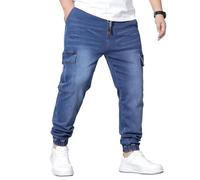 CHARBONNIER ELEVATE YOUR STYLE Men’s Denim Cargo Trousers, Elasticated Waist with Drawstring, Cuffed Hem, 6 Pockets, Stretch Denim, Mid Waist (UK, Alpha, XL, Regular, Regular, Mid Wash)