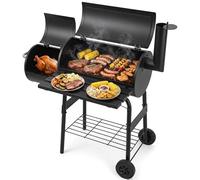Charcoal BBQ Drum Barrel Grill,2 in 1 Barbeque and Smoker, Large Portable Drum Barrel with Fold Down Shelves, Temperature Gauge, Wheels, Cooking Grill, Air Vents For Garden Outdoor Cooking