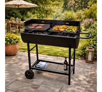 Gr8 Garden Charcoal BBQ Grill Half Barrel, Dual Zone 2 Cooking Areas, Adjustable Grates, Outdoor Garden Trolley
