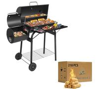 Charcoal BBQ Grill with Offset Smoker + Chimney Starter Kit + 218 Natural Fire Lighters - Heavy-Duty Oil Drum Barrel Grill for Outdoor Garden, Patio, Camping, Birthday Gifts for Men Dad Husband