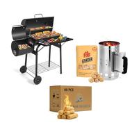 Charcoal BBQ Grill with Offset Smoker + Chimney Starter Kit + 60 Natural Fire Lighters - Heavy-Duty Oil Drum Barrel Grill for Outdoor Garden, Patio, Camping,Birthday Gifts for Men Dad Husband