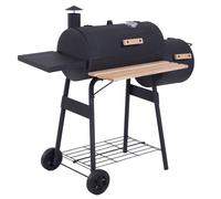 Charcoal BBQ Grill with Offset Smoker Side Shelves Wheels Temperature Gauge