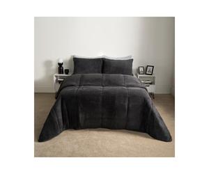 (Charcoal, Double) OHS Soft Cosy Teddy Fleece 10.5 Tog Coverless Washable Travel Duvet Cover and Pillowcase Bedding Set