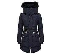 Charcoal Fashion Women's Belted Puffer Coat with Black Hood Fur (CFW2118-GLANCY) (8, Navy)